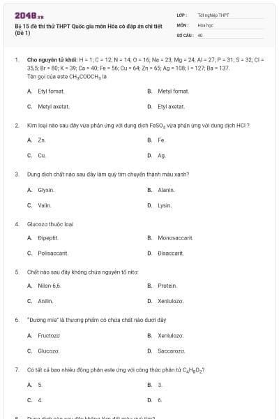 Bộ 15 đề thi thử THPT Quốc gia môn Hóa có đáp án chi tiết (Đề 1)