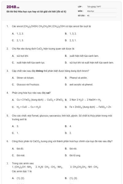 Đề thi thử Hóa học cực hay có lời giải chi tiết (đề số 6)
