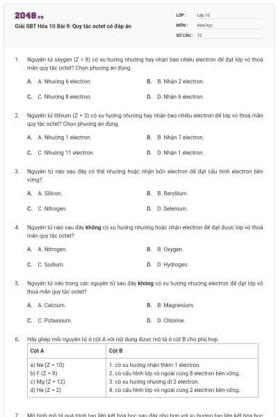 Giải SBT Hóa 10 Bài 9: Quy tắc octet có đáp án
