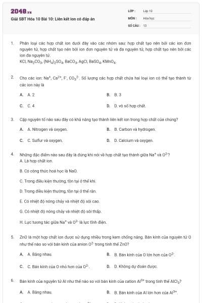 Giải SBT Hóa 10 Bài 10: Liên kết ion có đáp án