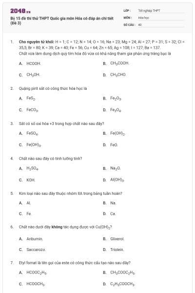 Bộ 15 đề thi thử THPT Quốc gia môn Hóa có đáp án chi tiết (Đề 3)