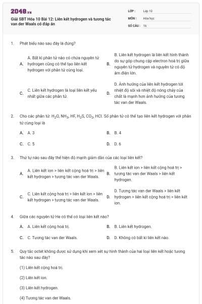 Giải SBT Hóa 10 Bài 12: Liên kết hydrogen và tương tác van der Waals có đáp án