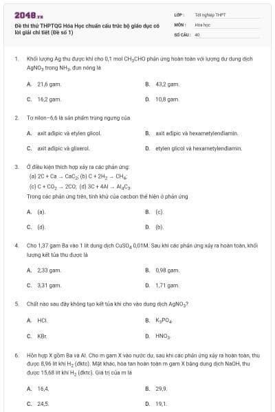 Đề thi thử THPTQG Hóa Học chuẩn cấu trúc bộ giáo dục có lời giải chi tiết (Đề số 1)