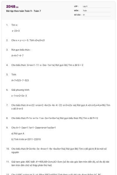 Bài tập theo tuần Toán 9 - Tuần 7