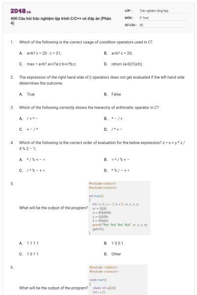 400 Câu hỏi trắc nghiệm lập trình C/C++ có đáp án (Phần 4)