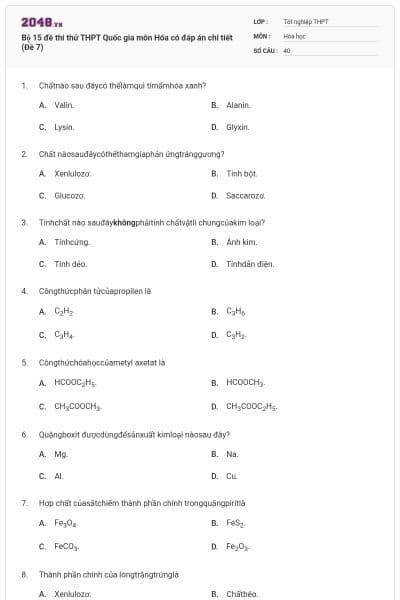 Bộ 15 đề thi thử THPT Quốc gia môn Hóa có đáp án chi tiết (Đề 7)