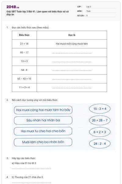 Giải SBT Toán lớp 3 Bài 41. Làm quen với biểu thức số có đáp án