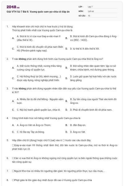 Giải VTH Sử 7 Bài 8. Vương quốc cam-pu-chia có đáp án