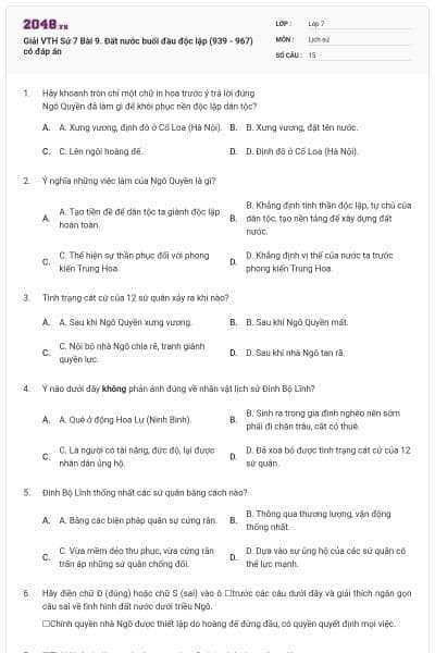 Giải VTH Sử 7 Bài 9. Đất nước buổi đầu độc lập (939 - 967) có đáp án