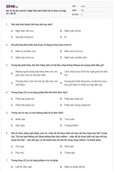Bộ 10 đề thi cuối kì 2 Ngữ Văn lớp 8 Kết nối tri thức có đáp án ( Đề 9)