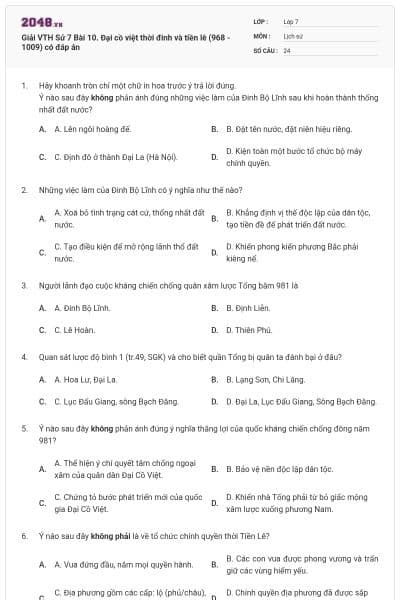 Giải VTH Sử 7 Bài 10. Đại cồ việt thời đinh và tiền lê (968 - 1009) có đáp án