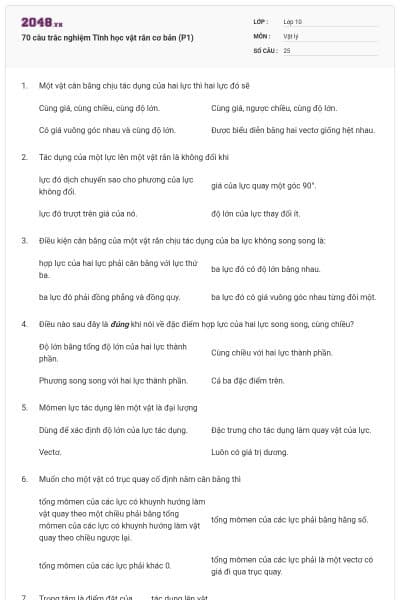 70 câu trắc nghiệm Tĩnh học vật rắn cơ bản (P1)