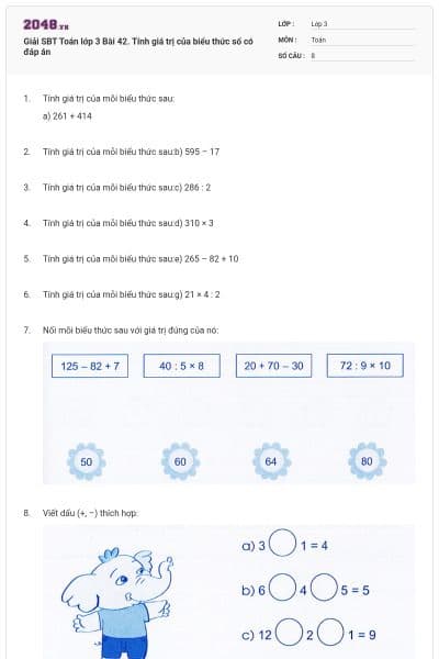 Giải SBT Toán lớp 3 Bài 42. Tính giá trị của biểu thức số có đáp án