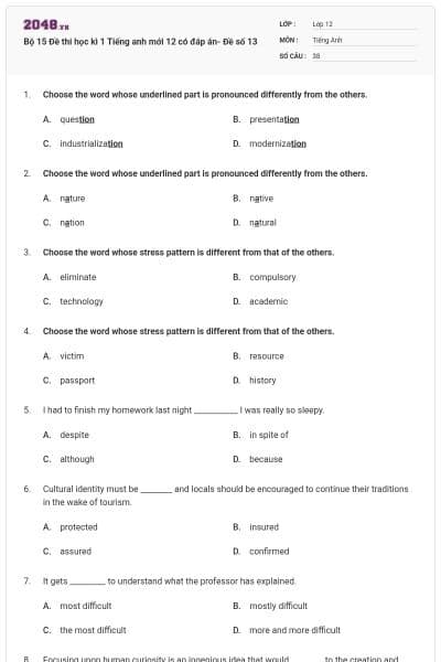 Bộ 15 Đề thi học kì 1 Tiếng anh mới 12 có đáp án- Đề số 13