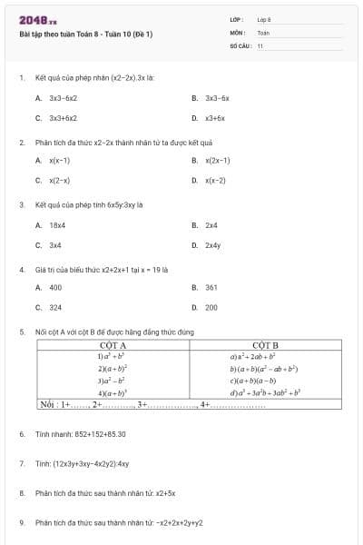Bài tập theo tuần Toán 8 - Tuần 10 (Đề 1)