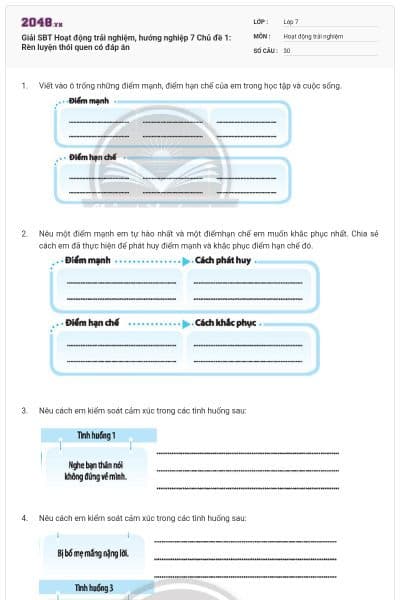 Giải SBT Hoạt động trải nghiệm, hướng nghiệp 7 Chủ đề 1: Rèn luyện thói quen có đáp án