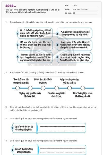 Giải SBT Hoạt động trải nghiệm, hướng nghiệp 7 Chủ đề 2: Rèn luyện sự kiên trì và chăm chỉ có đáp án
