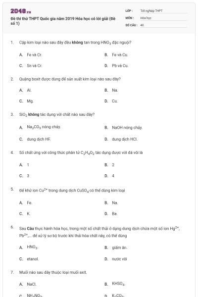 Đề thi thử THPT Quốc gia năm 2019 Hóa học có lời giải (Đề số 1)