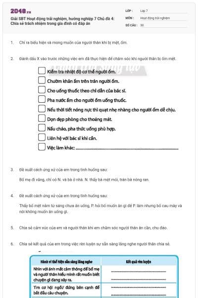 Giải SBT Hoạt động trải nghiệm, hướng nghiệp 7 Chủ đề 4: Chia sẻ trách nhiệm trong gia đình có đáp án