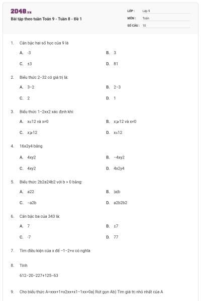 Bài tập theo tuần Toán 9 - Tuần 8 - Đề 1