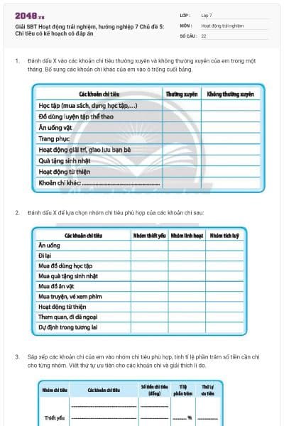 Giải SBT Hoạt động trải nghiệm, hướng nghiệp 7 Chủ đề 5: Chi tiêu có kế hoạch có đáp án