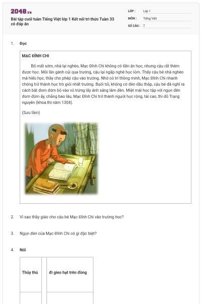 Bài tập cuối tuần Tiếng Việt lớp 1 Kết nối tri thức Tuần 33 có đáp án