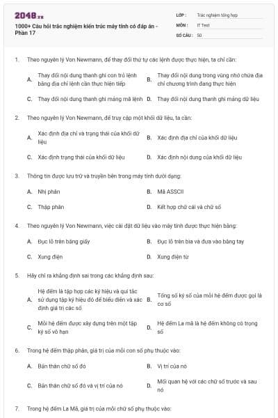 1000+ Câu hỏi trắc nghiệm kiến trúc máy tính có đáp án - Phần 17