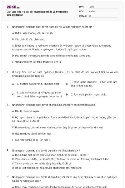 Giải SBT Hóa 10 Bài 18: Hydrogen halide và hydrohalic acid có đáp án