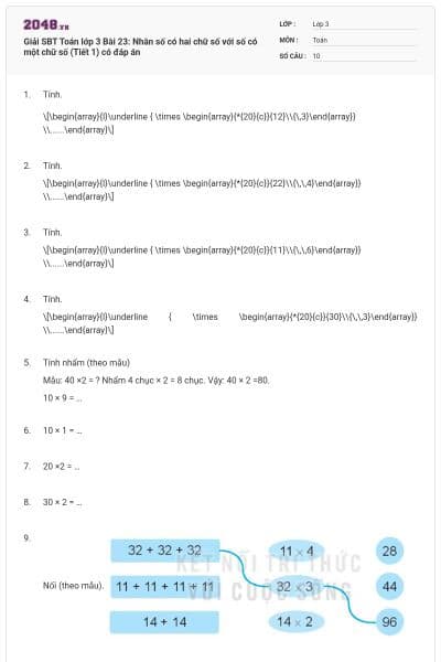 Giải SBT Toán lớp 3 Bài 23: Nhân số có hai chữ số với số có một chữ số (Tiết 1) có đáp án