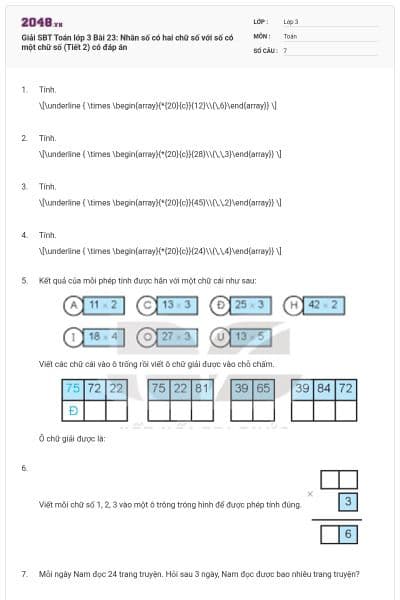 Giải SBT Toán lớp 3 Bài 23: Nhân số có hai chữ số với số có một chữ số (Tiết 2) có đáp án
