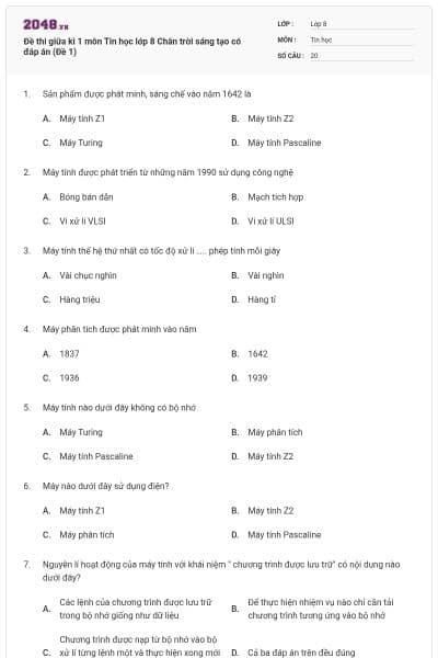 Đề thi giữa kì 1 môn Tin học lớp 8 Chân trời sáng tạo có đáp án (Đề 1)