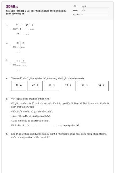 Giải SBT Toán lớp 3 Bài 25: Phép chia hết, phép chia có dư (Tiết 1) có đáp án