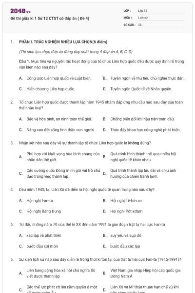 Đề thi giữa kì 1 Sử 12 CTST có đáp án ( Đề 4)