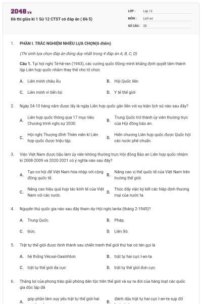 Đề thi giữa kì 1 Sử 12 CTST có đáp án ( Đề 5)