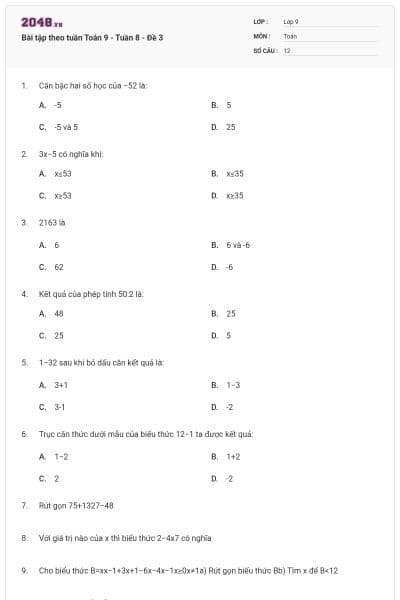 Bài tập theo tuần Toán 9 - Tuần 8 - Đề 3