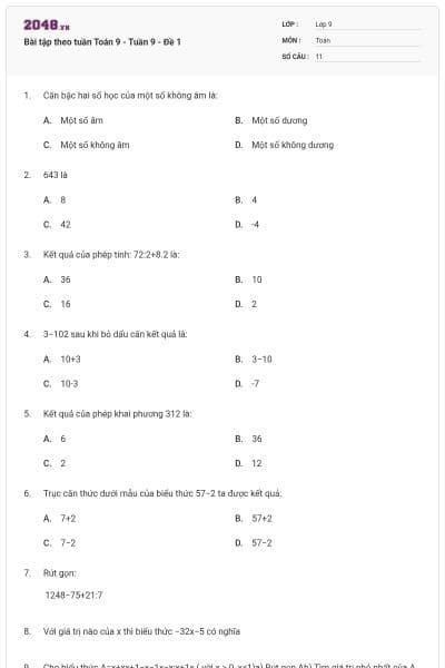 Bài tập theo tuần Toán 9 - Tuần 9 - Đề 1