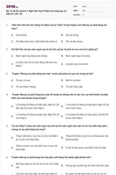 Bộ 15 đề thi cuối kì 1 Ngữ Văn lớp 8 Chân trời sáng tạo có đáp án ( Đề 14)