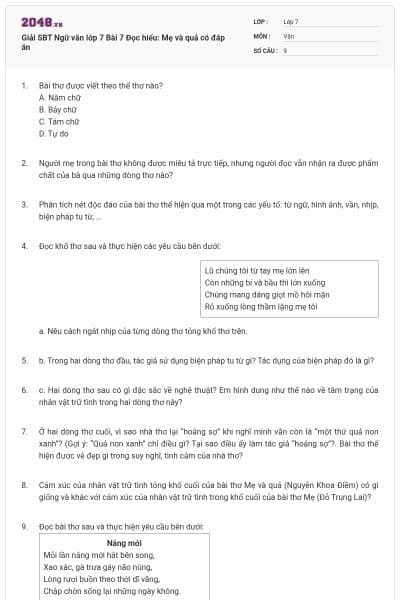 Giải SBT Ngữ văn lớp 7 Bài 7 Đọc hiểu: Mẹ và quả có đáp án