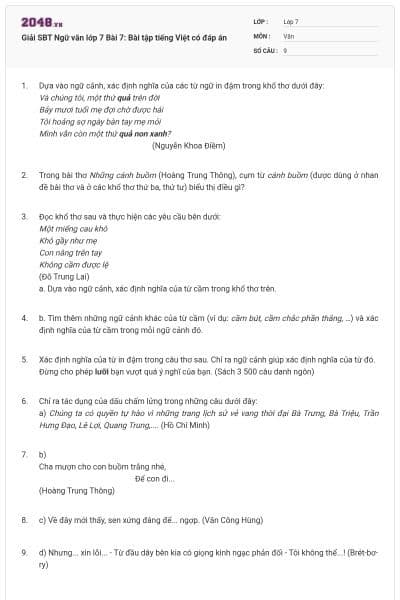 Giải SBT Ngữ văn lớp 7 Bài 7: Bài tập tiếng Việt có đáp án