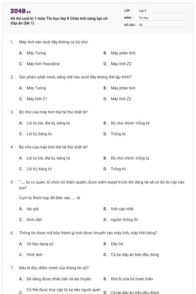 Đề thi cuối kì 1 môn Tin học lớp 8 Chân trời sáng tạo có đáp án (Đề 1)