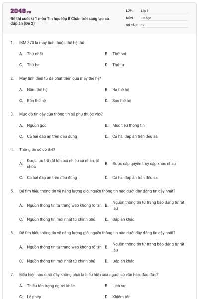 Đề thi cuối kì 1 môn Tin học lớp 8 Chân trời sáng tạo có đáp án (Đề 2)