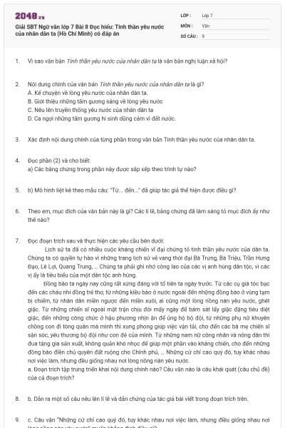 Giải SBT Ngữ văn lớp 7 Bài 8 Đọc hiểu: Tinh thần yêu nước của nhân dân ta (Hồ Chí Minh) có đáp án