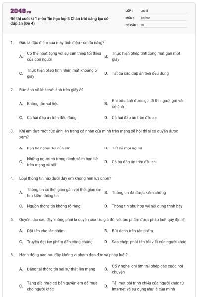 Đề thi cuối kì 1 môn Tin học lớp 8 Chân trời sáng tạo có đáp án (Đề 4)
