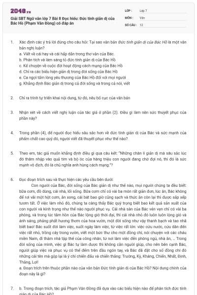 Giải SBT Ngữ văn lớp 7 Bài 8 Đọc hiểu: Đức tính giản dị của Bác Hồ (Phạm Văn Đồng) có đáp án