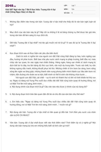 Giải SBT Ngữ văn lớp 7 Bài 8 Đọc hiểu: Tượng đài vĩ đại nhất (Uông Ngọc Dậu) có đáp án