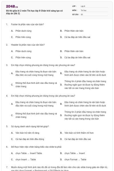 Đề thi giữa kì 2 môn Tin học lớp 8 Chân trời sáng tạo có đáp án (Đề 3)