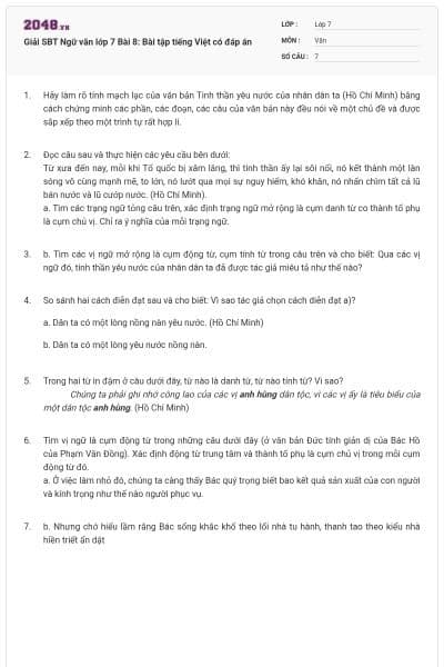 Giải SBT Ngữ văn lớp 7 Bài 8: Bài tập tiếng Việt có đáp án