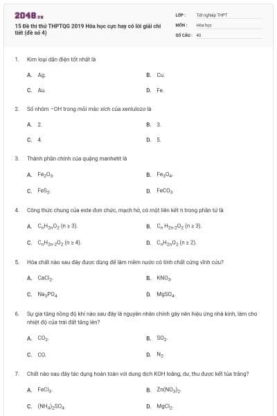 15 Đề thi thử THPTQG 2019 Hóa học cực hay có lời giải chi tiết (đề số 4)