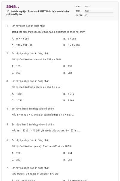 10 câu trắc nghiệm Toán lớp 4 KNTT Biểu thức có chứa hai chữ có đáp án