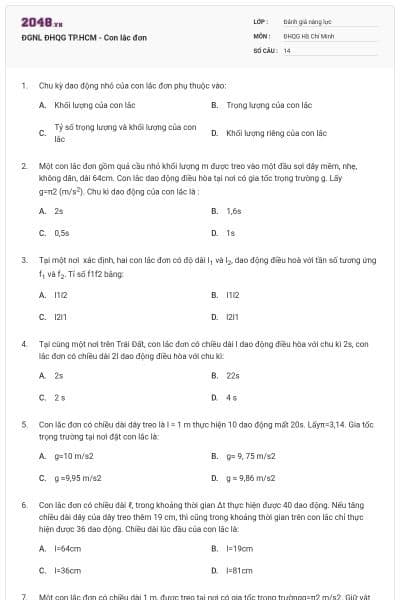 ĐGNL ĐHQG TP.HCM - Con lắc đơn